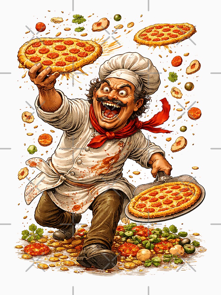 Crazed Italian Cheff Throwing Pizzas by PIXEL POP DESIGNS - Beyond the Norm! Unisex T-shirt, Sweatshirt, Hoodie, Long Sleeve Tee